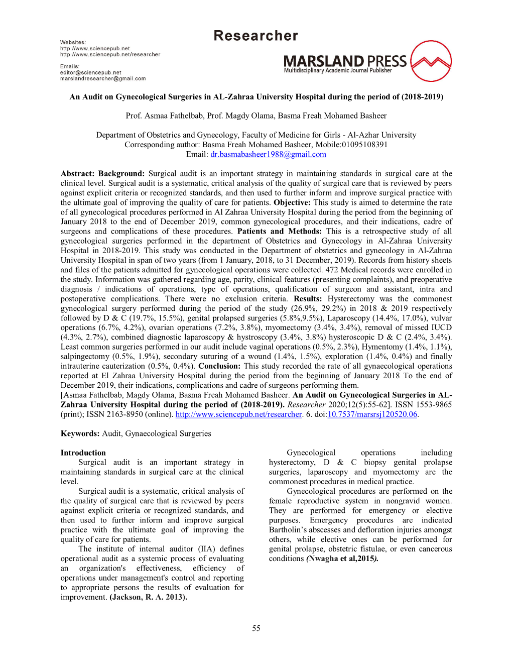 55 an Audit on Gynecological Surgeries in AL-Zahraa University Hospital During the Period Of