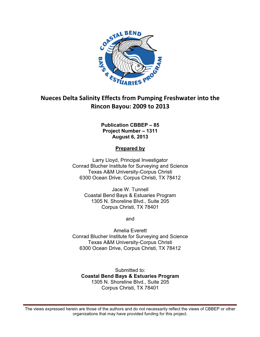 Nueces Delta Salinity Effects from Pumping Freshwater Into the Rincon Bayou: 2009 to 2013