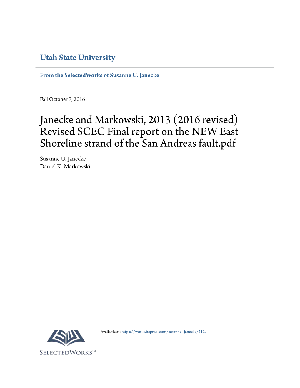 Revised SCEC Final Report on the NEW East Shoreline Strand of the San Andreas Fault.Pdf Susanne U