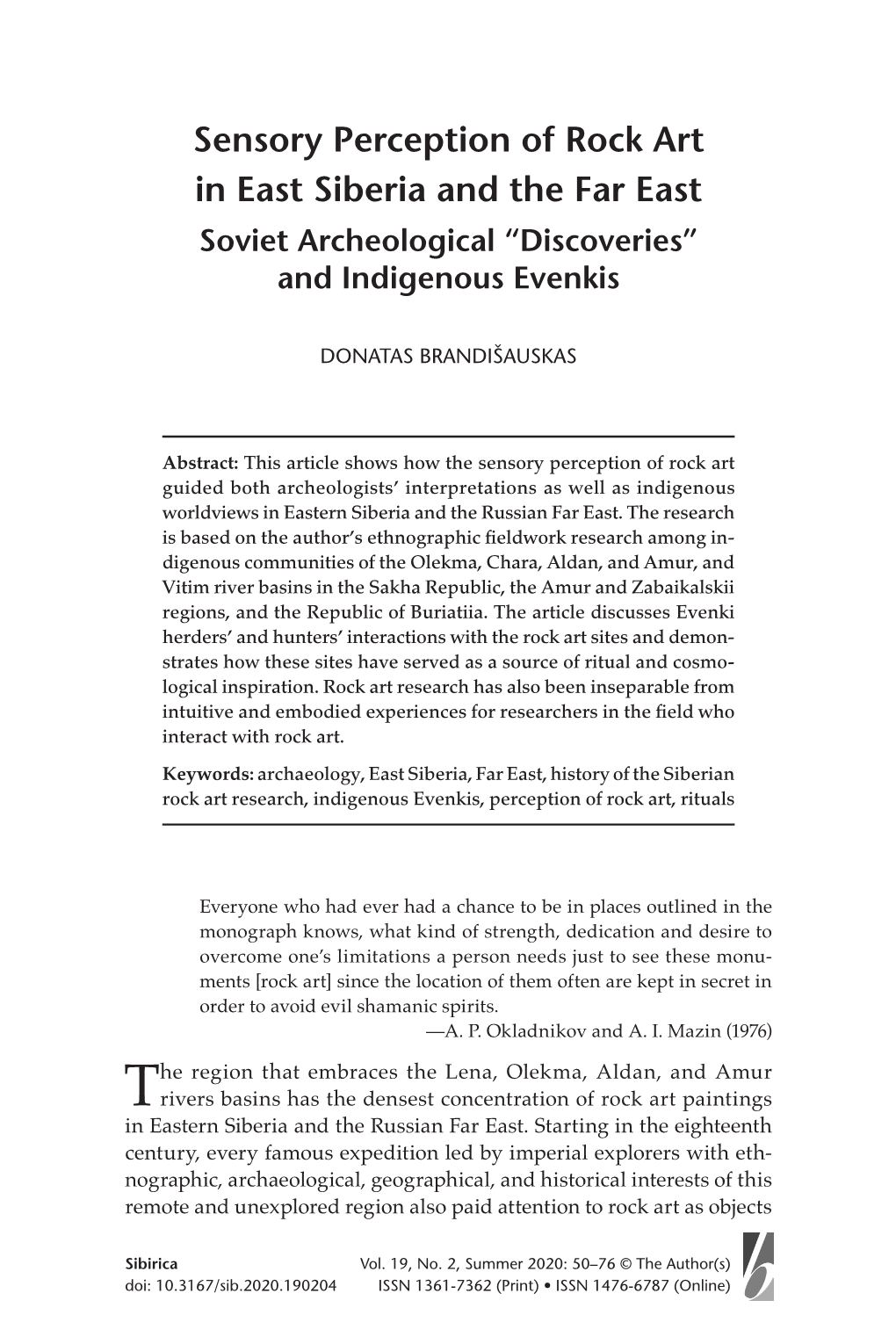 Sensory Perception of Rock Art in East Siberia and the Far East Soviet Archeological “Discoveries” and Indigenous Evenkis