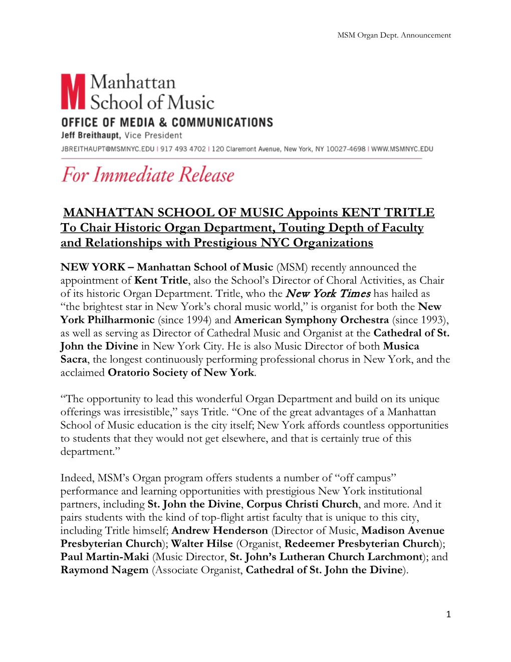 MANHATTAN SCHOOL of MUSIC Appoints KENT TRITLE to Chair Historic Organ Department, Touting Depth of Faculty and Relationships with Prestigious NYC Organizations