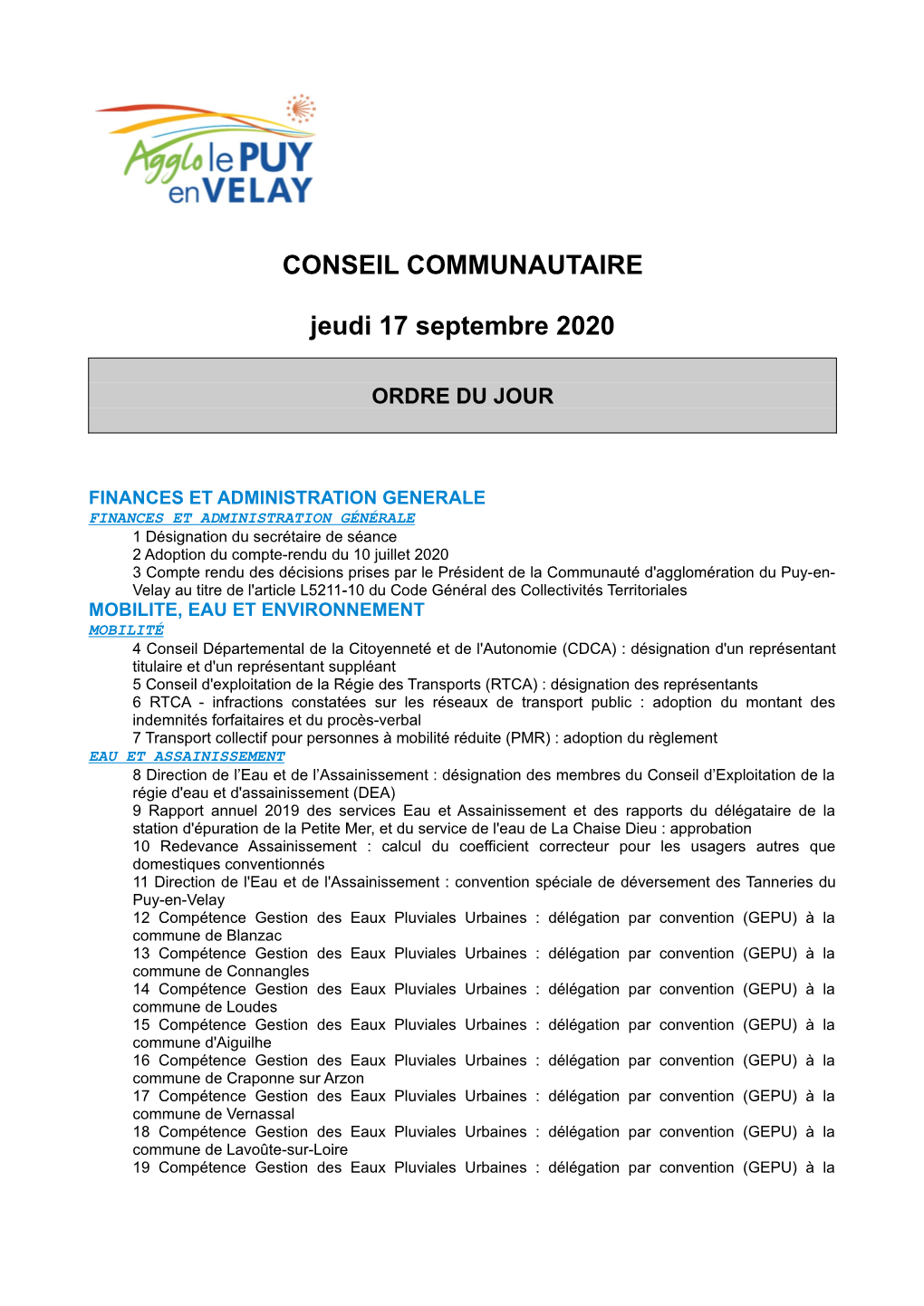 CONSEIL COMMUNAUTAIRE Jeudi 17 Septembre 2020