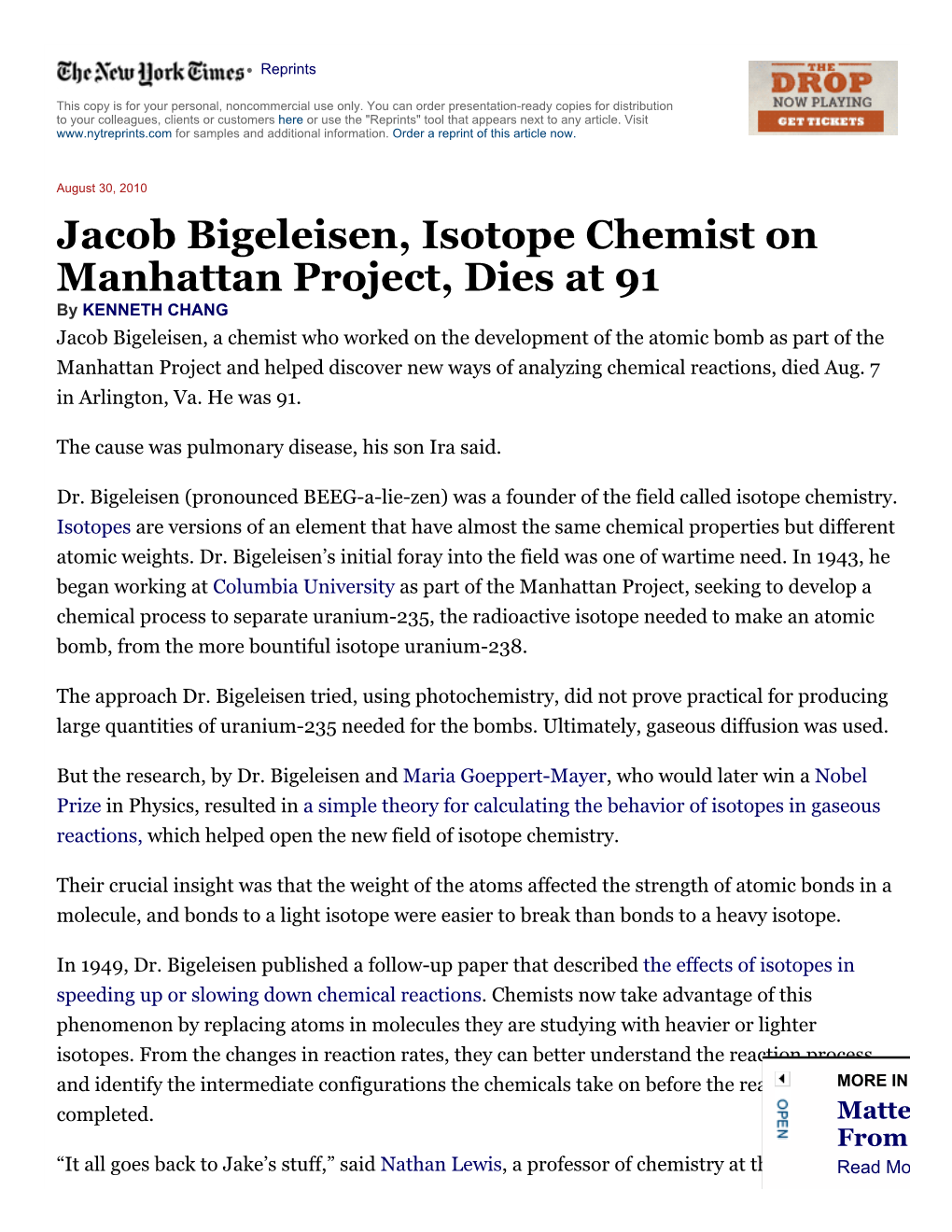 Jacob Bigeleisen, Isotope Chemist on Manhattan Project, Dies at 91