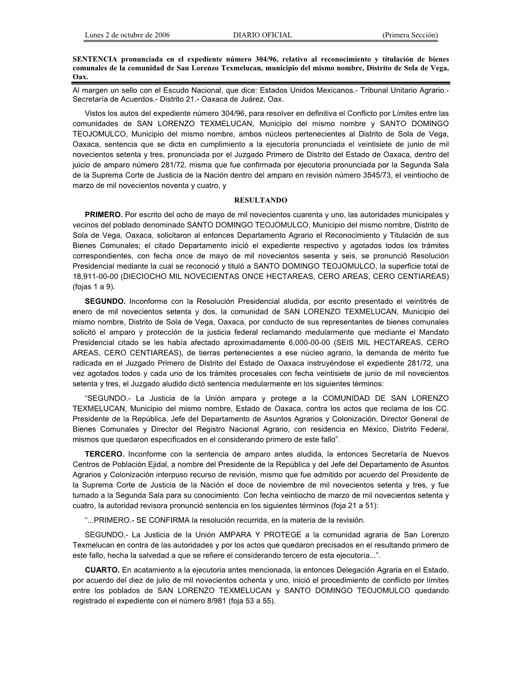 SENTENCIA Pronunciada En El Expediente Número 304/96, Relativo