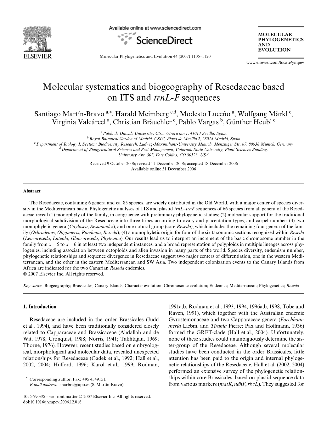 Molecular Systematics and Biogeography of Resedaceae Based on ITS and Trnl-F Sequences