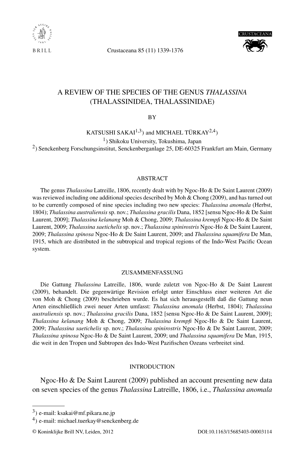 A Review of the Species of the Genus Thalassina (Thalassinidea, Thalassinidae)