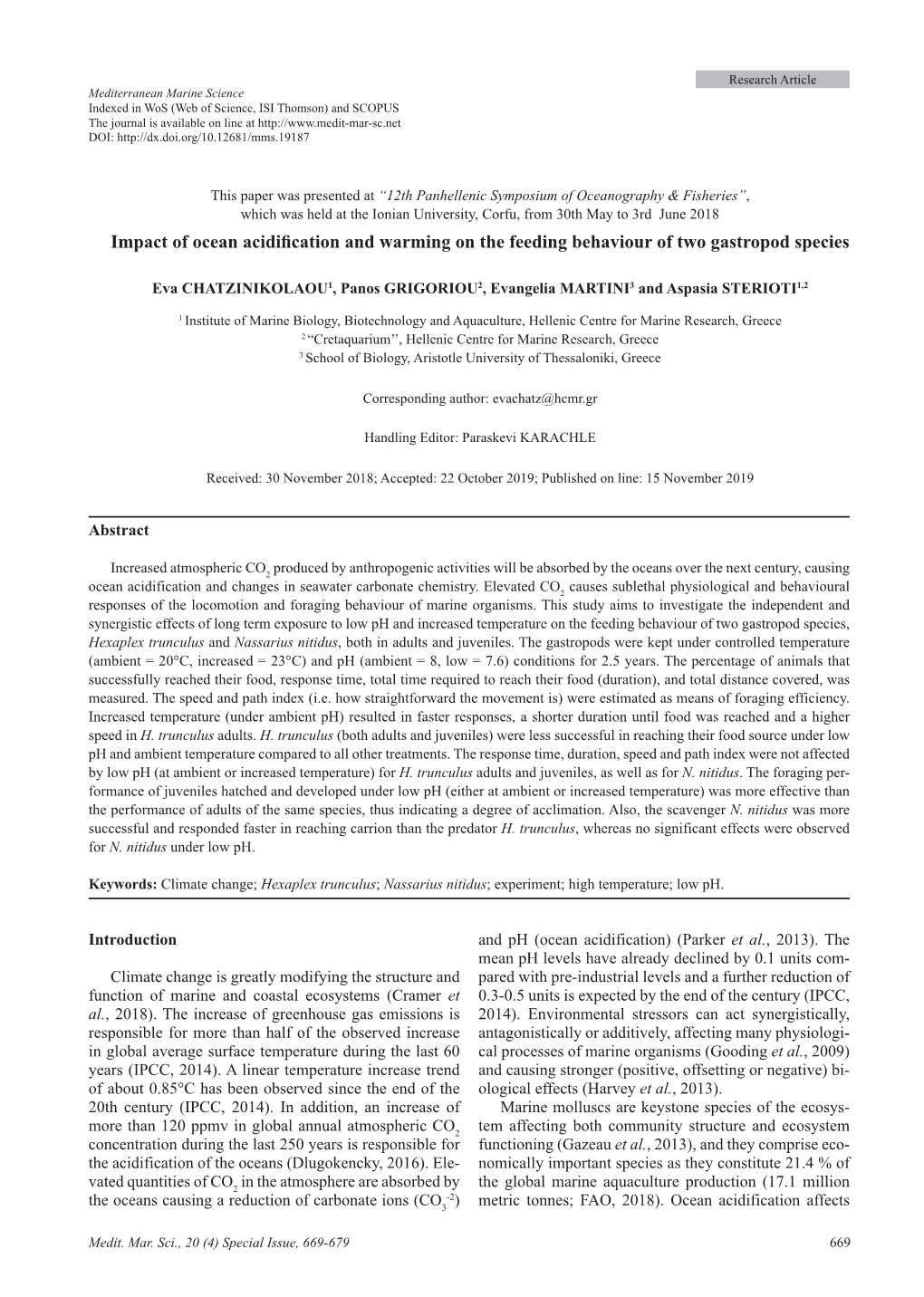 Impact of Ocean Acidification and Warming on the Feeding Behaviour of Two Gastropod Species