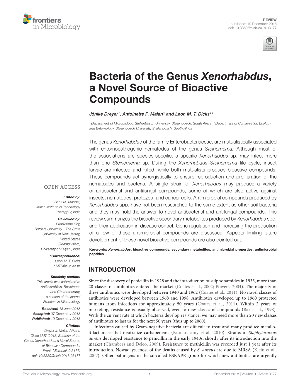 Bacteria of the Genus Xenorhabdus, a Novel Source of Bioactive Compounds