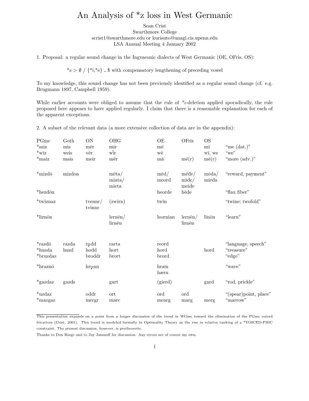 An Analysis of *Z Loss in West Germanic Sean Crist Swarthmore College Scrist1@Swarthmore.Edu Or Kurisuto@Unagi.Cis.Upenn.Edu LSA Annual Meeting 4 January 2002