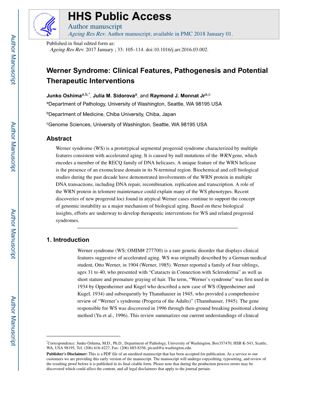 Werner Syndrome: Clinical Features, Pathogenesis and Potential Therapeutic Interventions