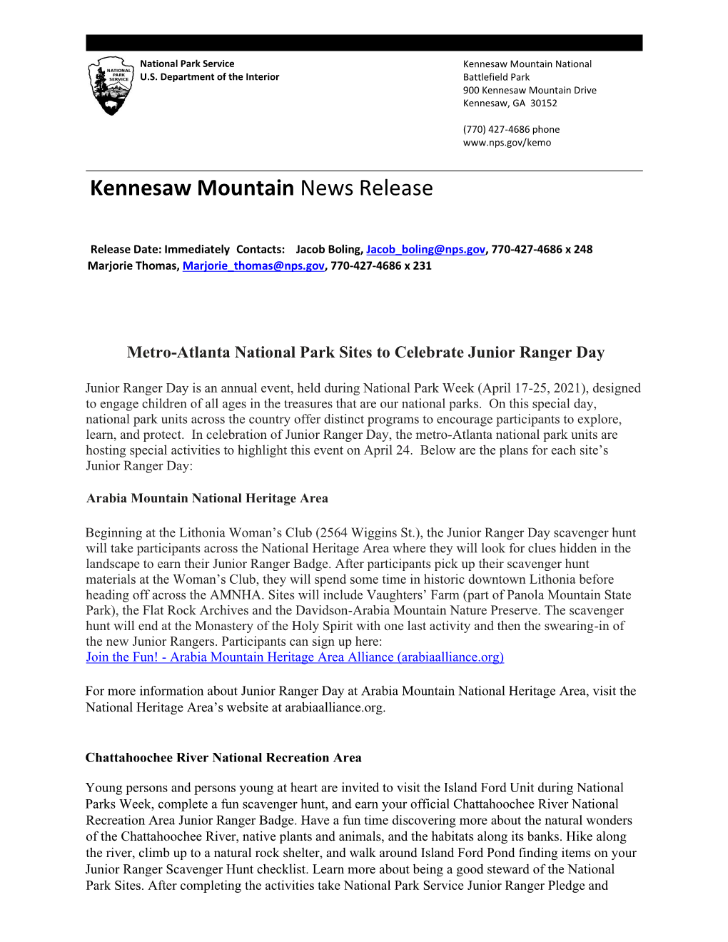 Kennesaw Mountain News Release