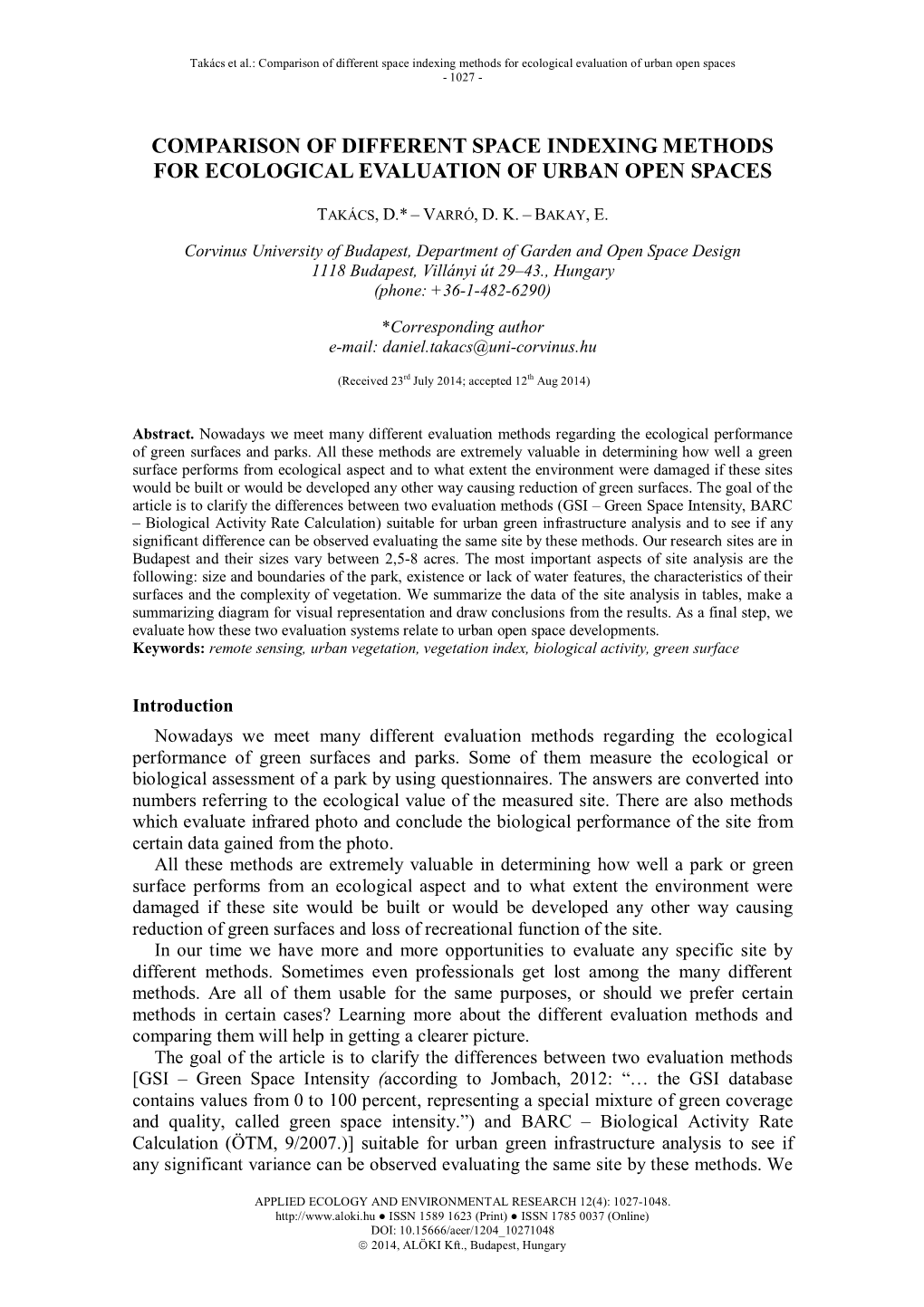 Comparison of Different Space Indexing Methods for Ecological Evaluation of Urban Open Spaces - 1027