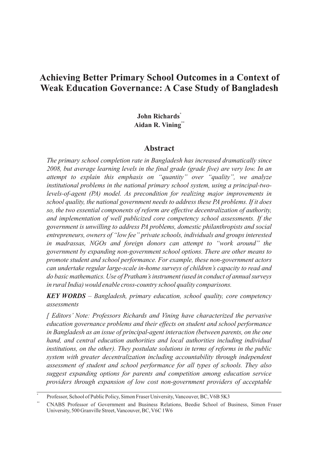 Achieving Better Primary School Outcomes in a Context of Weak Education Governance: a Case Study of Bangladesh