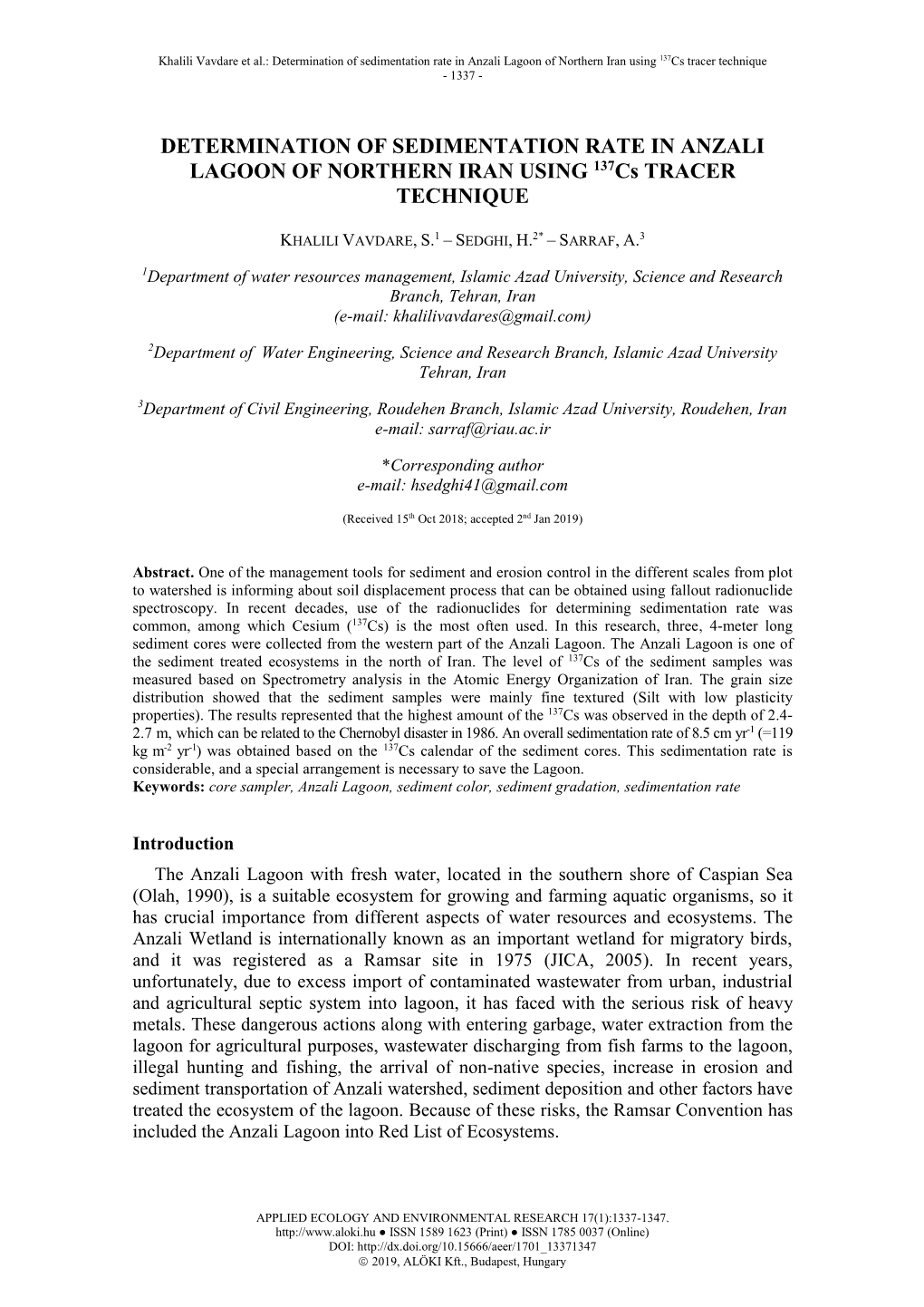 Determination of Sedimentation Rate in Anzali Lagoon of Northern Iran Using 137Cs Tracer Technique - 1337