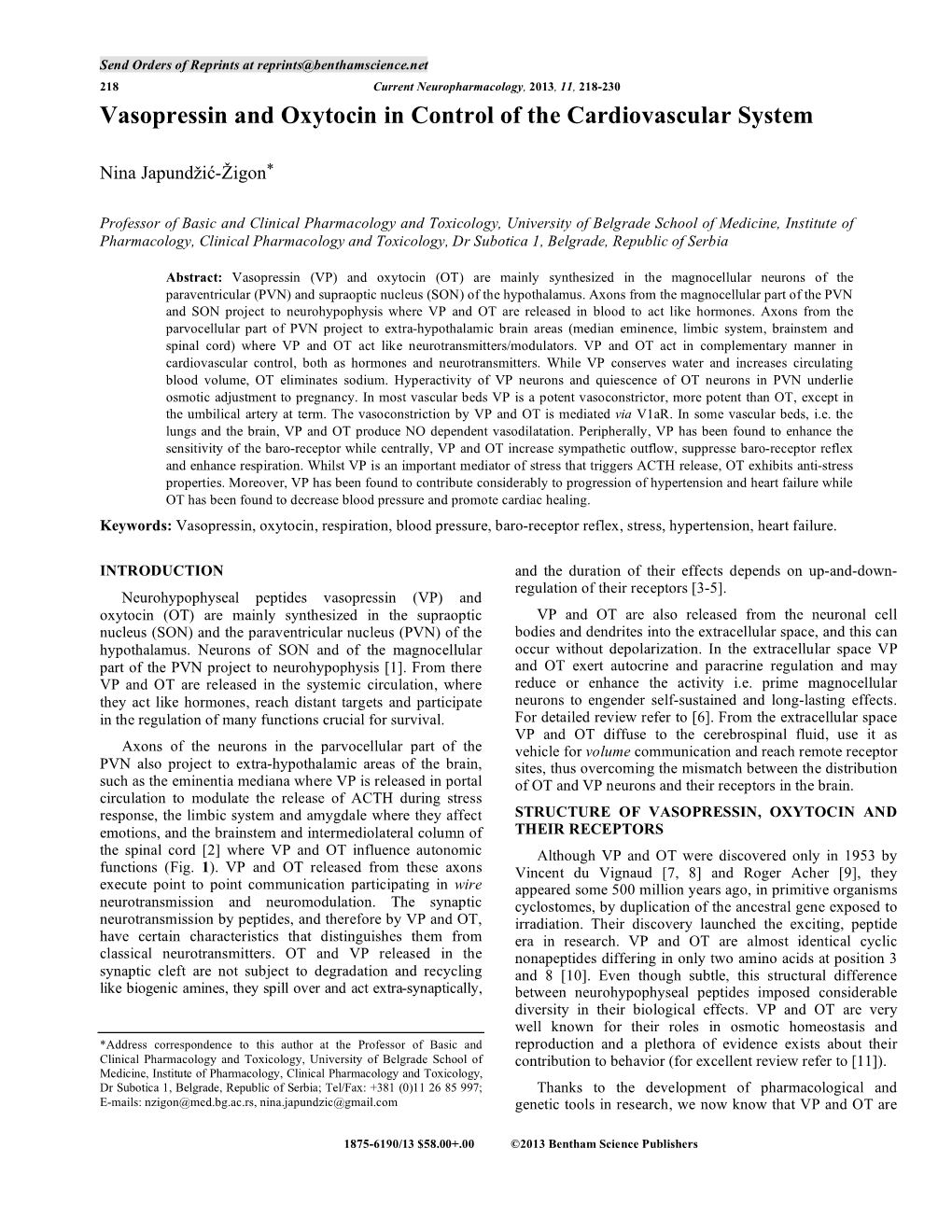 Vasopressin and Oxytocin in Control of the Cardiovascular System