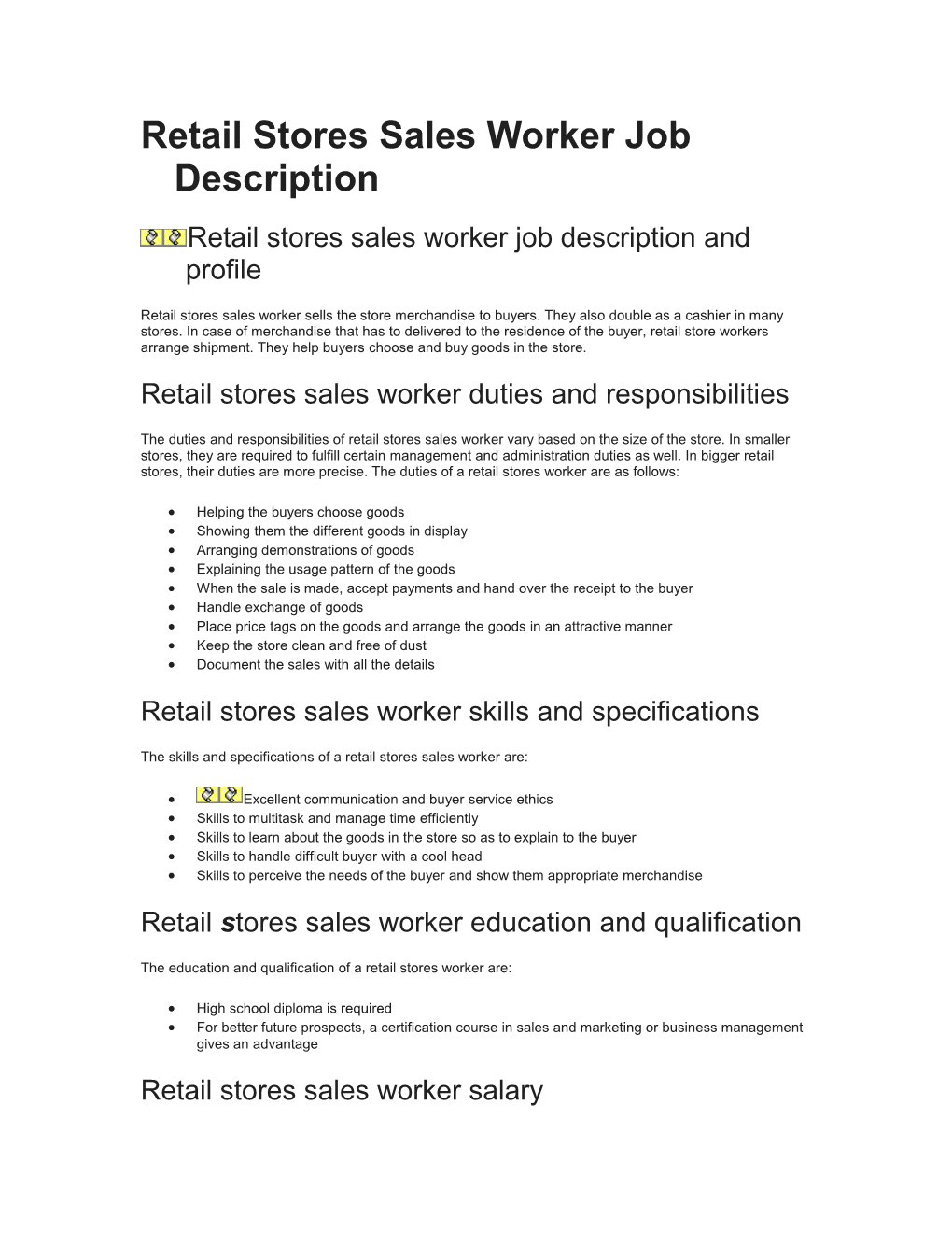 Retail Stores Sales Worker Job Description