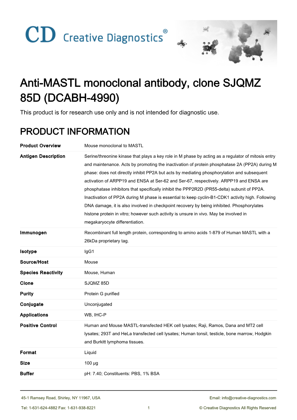 Anti-MASTL Monoclonal Antibody, Clone SJQMZ 85D (DCABH-4990) This Product Is for Research Use Only and Is Not Intended for Diagnostic Use