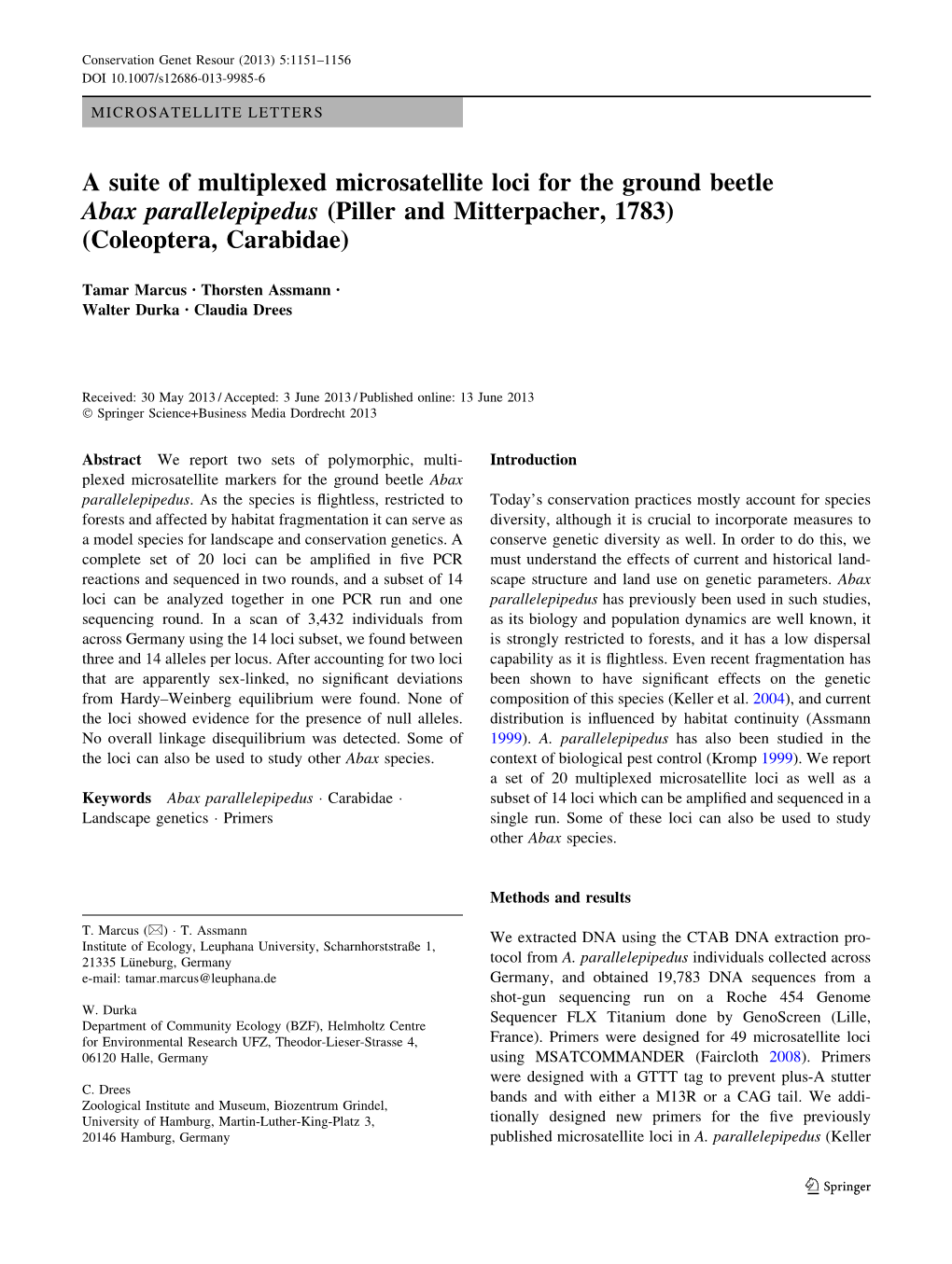 A Suite of Multiplexed Microsatellite Loci for the Ground Beetle Abax Parallelepipedus (Piller and Mitterpacher, 1783) (Coleoptera, Carabidae)