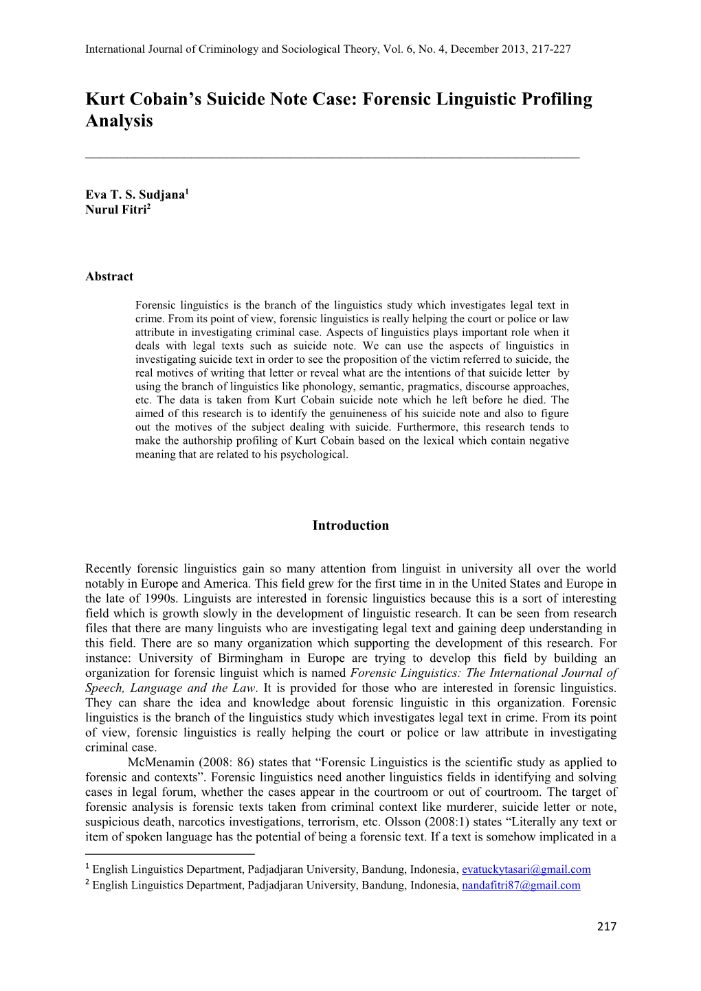 Kurt Cobain's Suicide Note Case: Forensic Linguistic Profiling Analysis