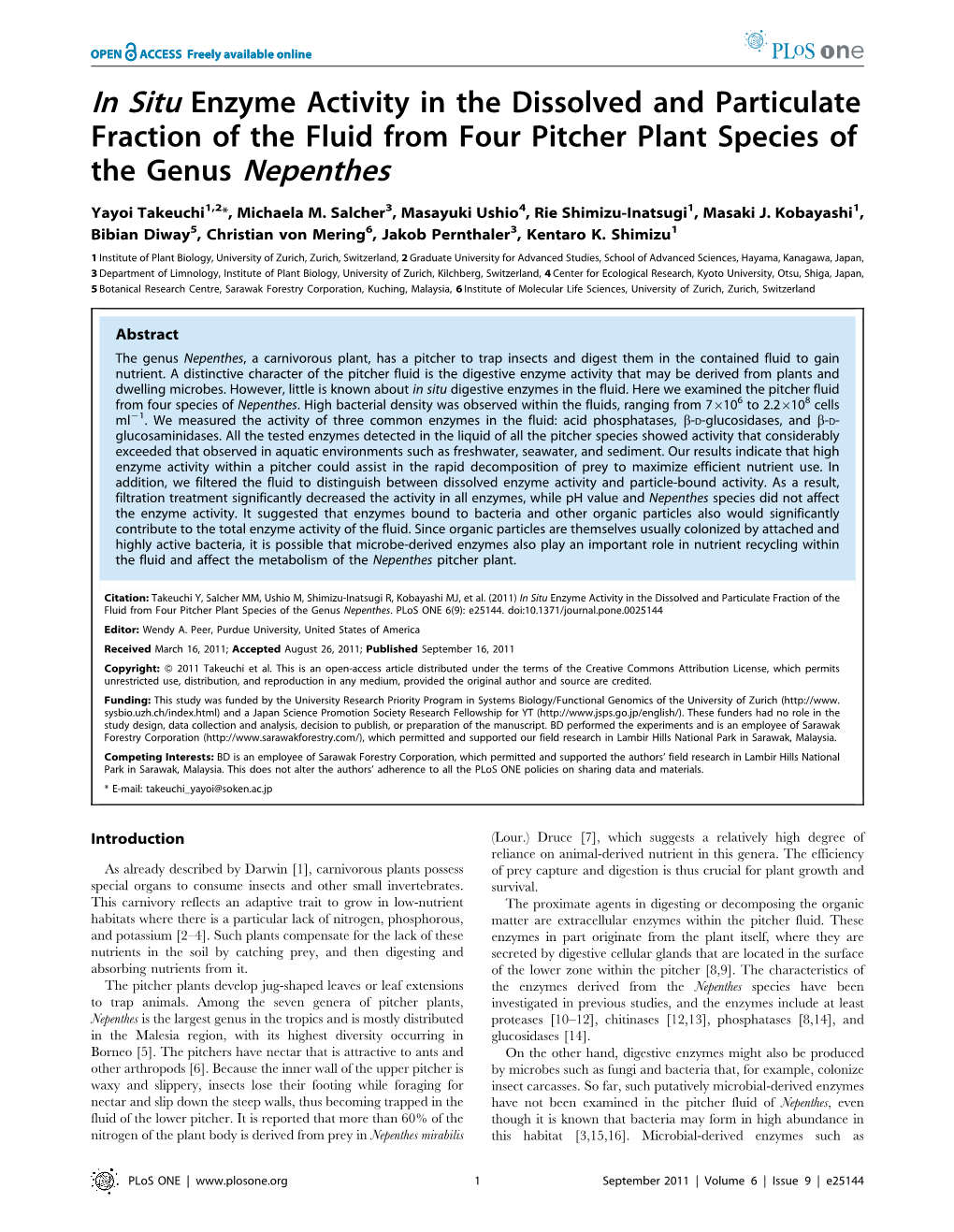 In Situ Enzyme Activity in the Dissolved and Particulate Fraction of the Fluid from Four Pitcher Plant Species of the Genus Nepenthes