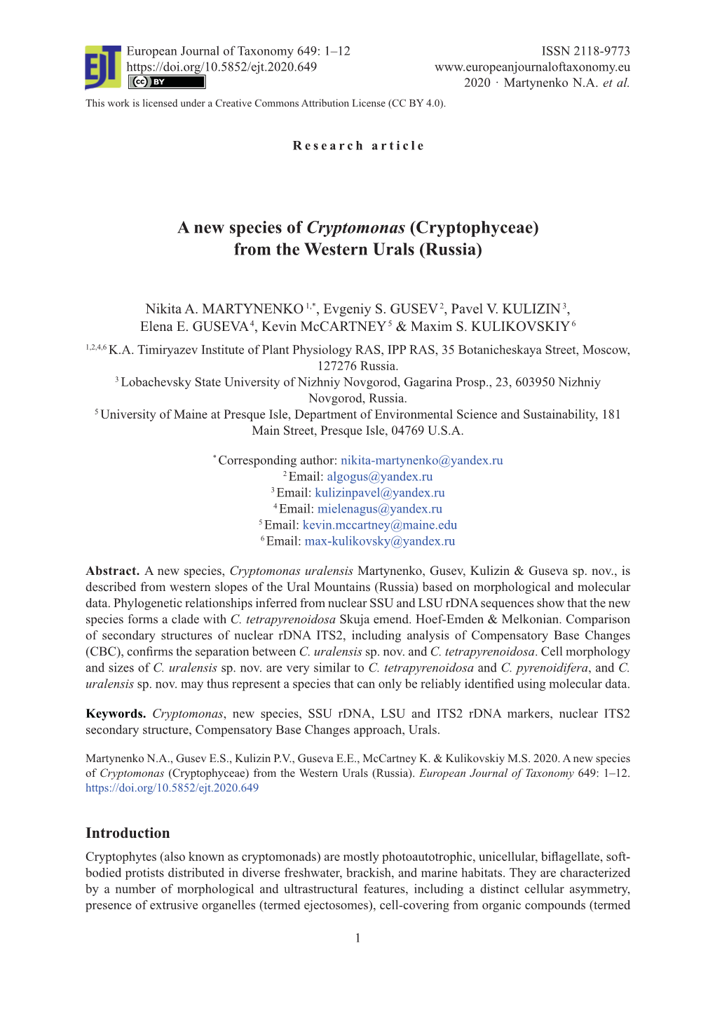 A New Species of Cryptomonas (Cryptophyceae) from the Western Urals (Russia)