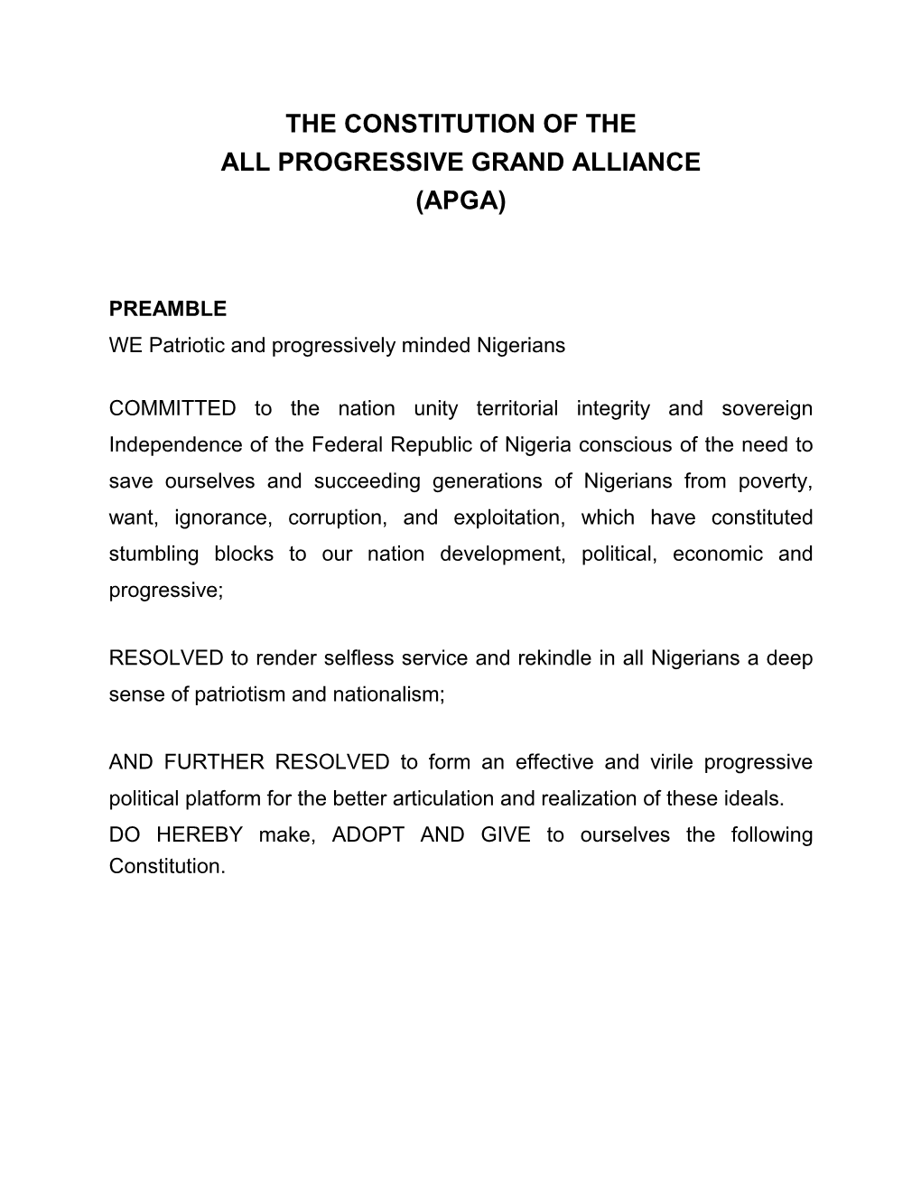 The Constitution of the All Progressive Grand Alliance (Apga)