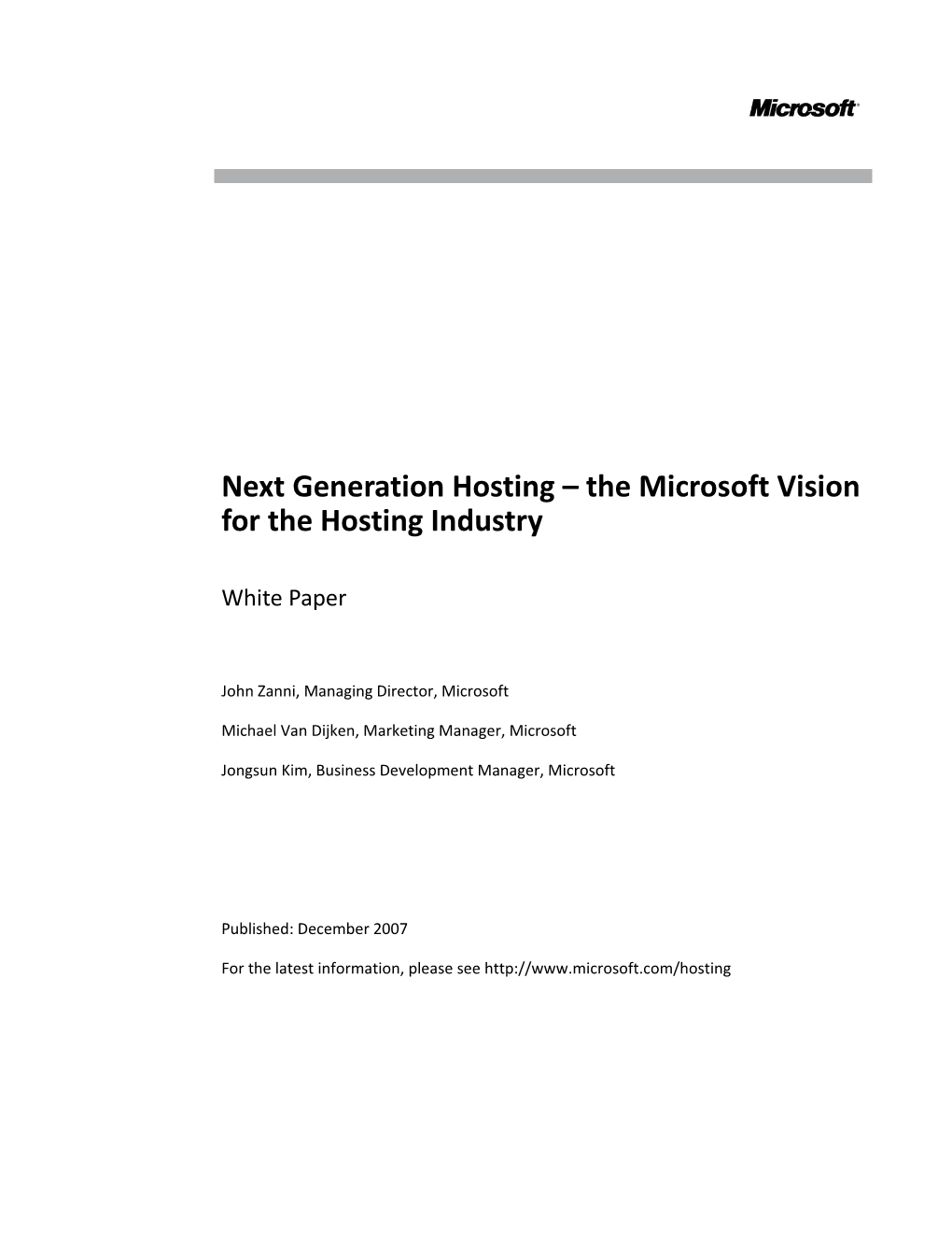 Next Generation Hosting the Microsoft Vision for the Hosting Industry