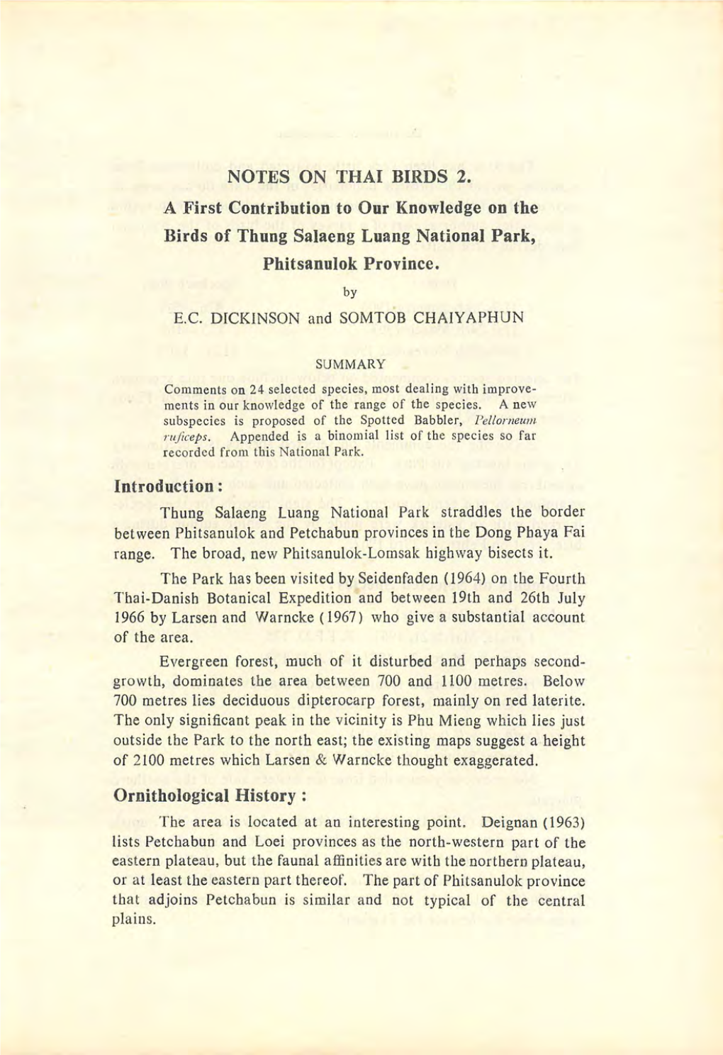 NOTES on THAI BIRDS 2. a First Contribution to Our Knowledge on the Birds of Thung Salaeng Luang National Park, Phitsanulok Province