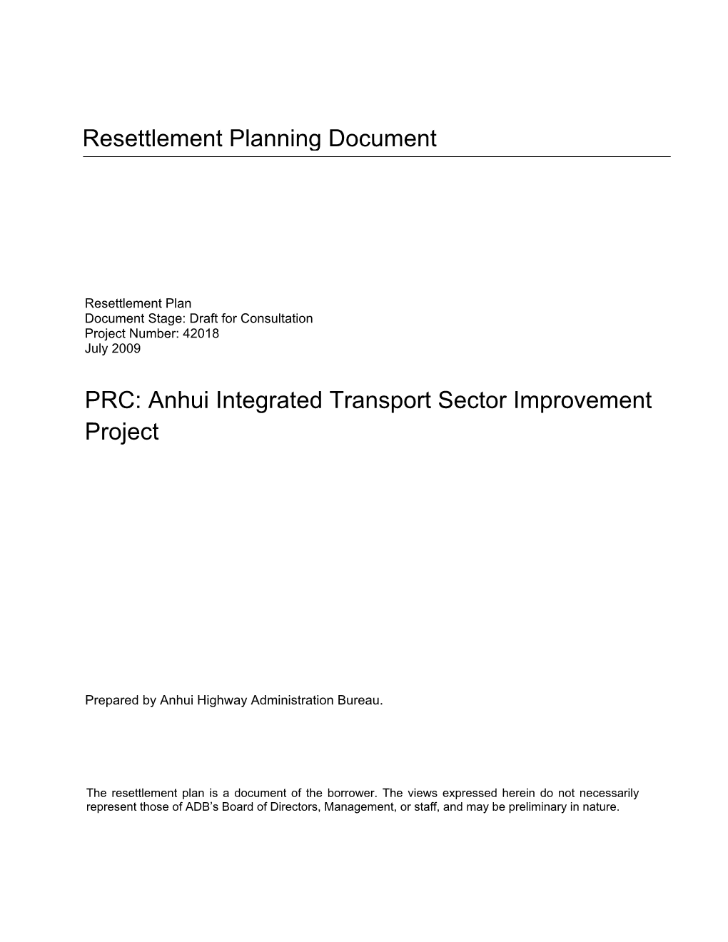 PRC: Anhui Integrated Transport Sector Improvement Project