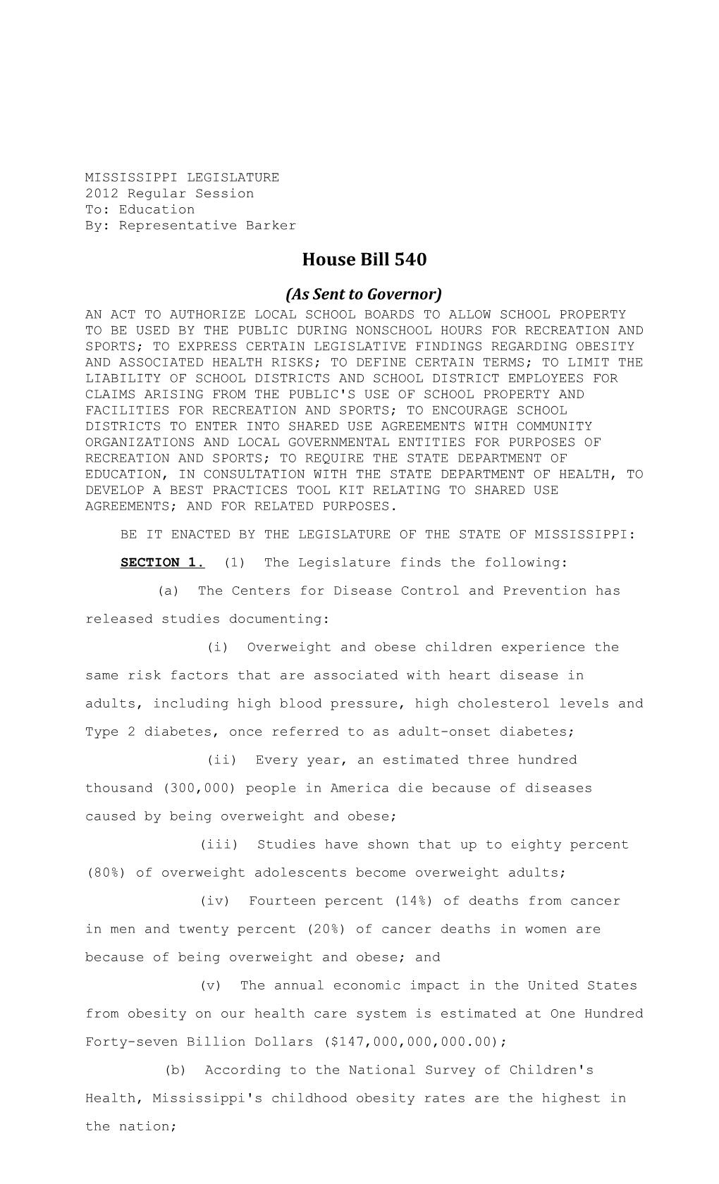 HB 540 (As Sent to Governor) - 2012 Regular Session