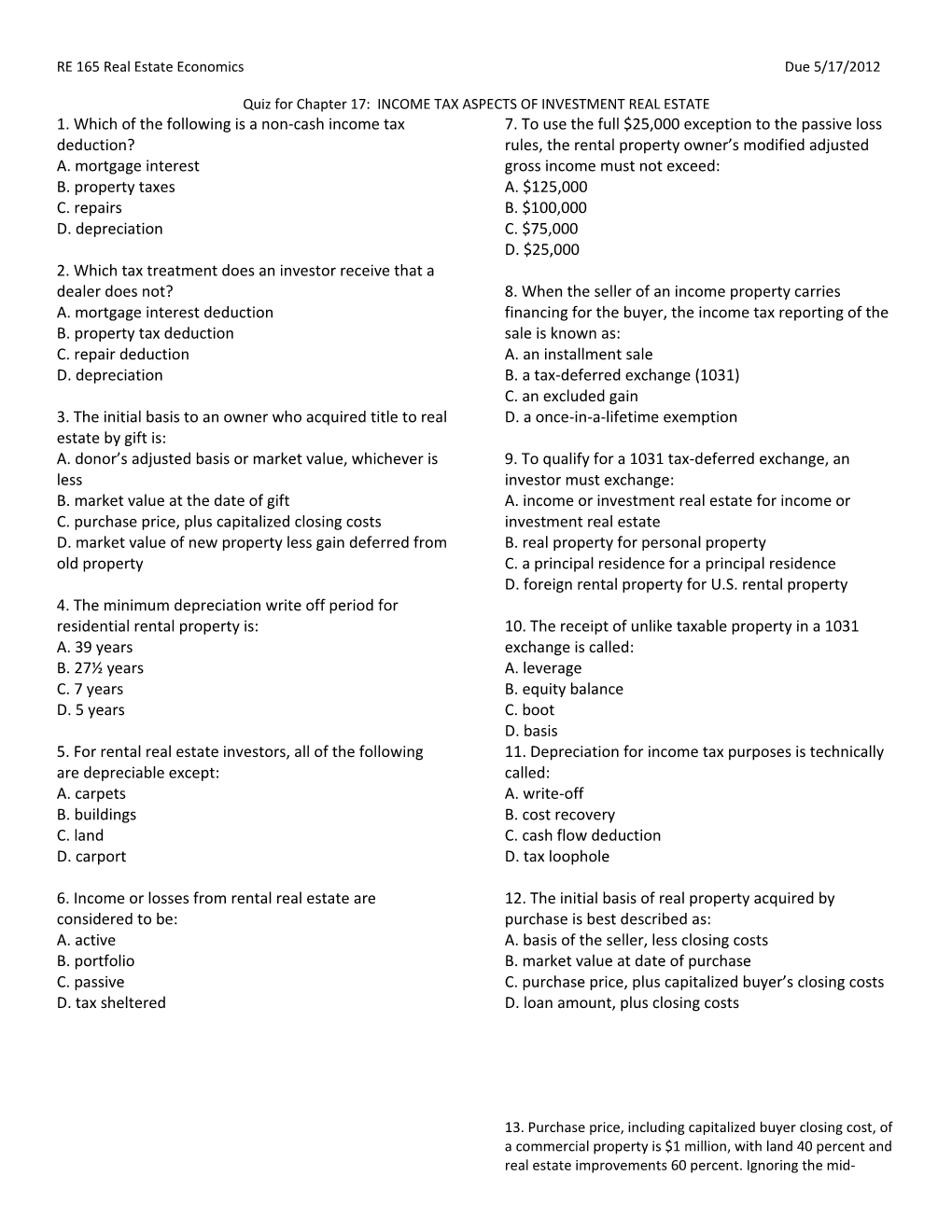 RE 165 Real Estate Economics Due 5/17/2012