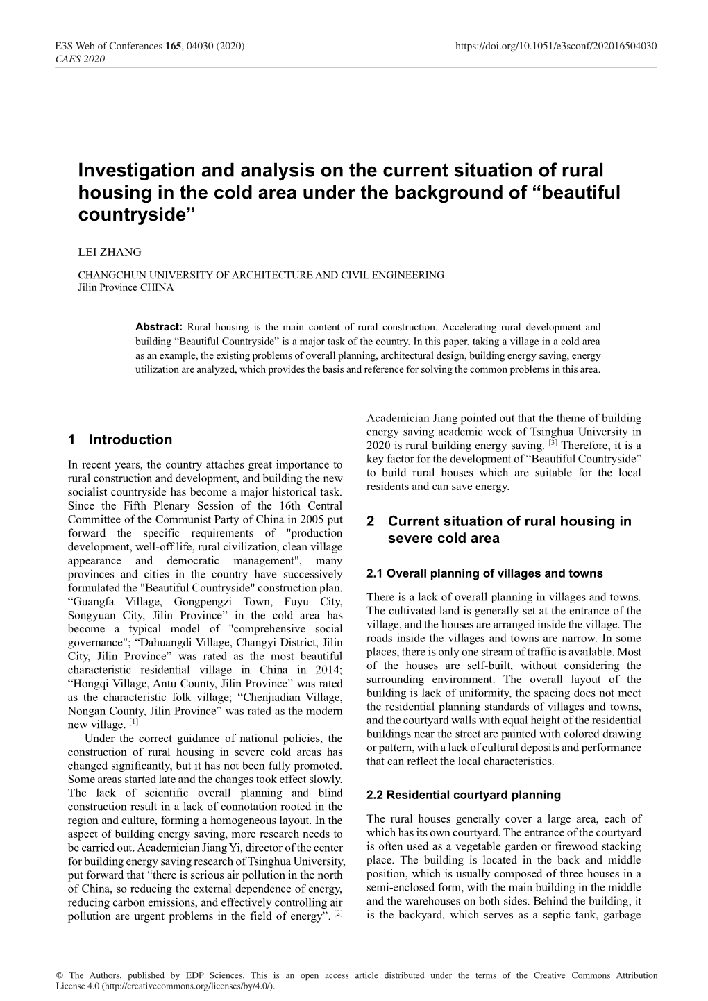 Investigation and Analysis on the Current Situation of Rural Housing in the Cold Area Under the Background of “Beautiful Countryside”