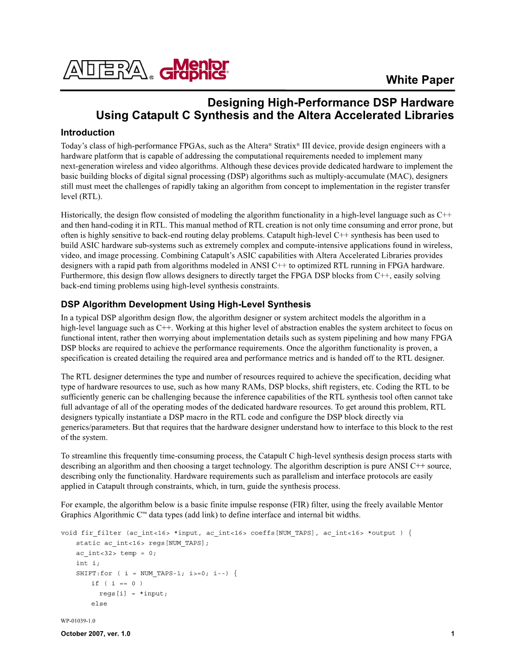 Designing High-Performance DSP Hardware Using Catapult C