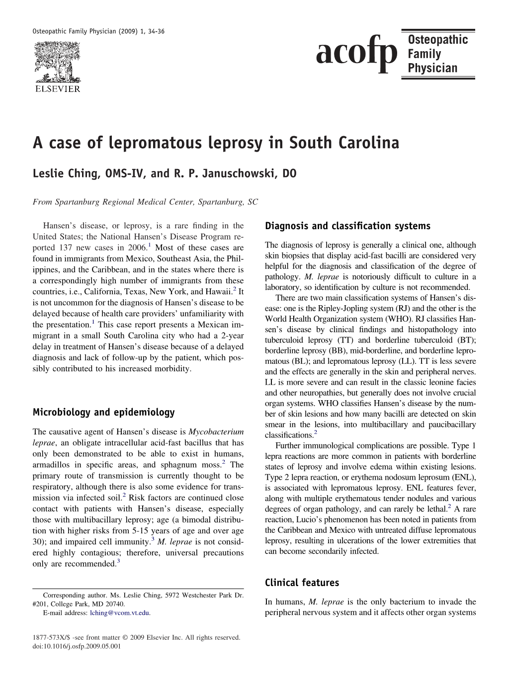 A Case of Lepromatous Leprosy in South Carolina