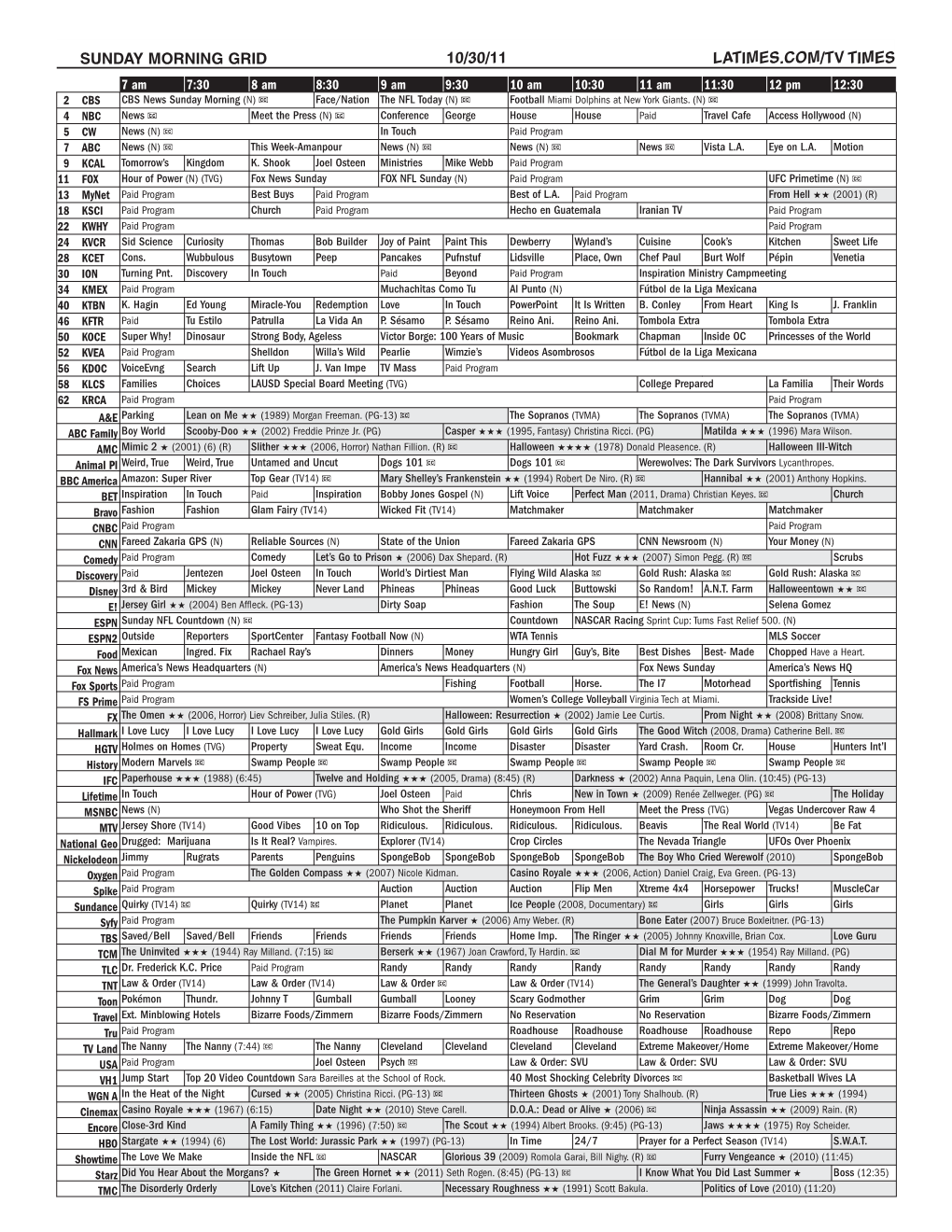 Sunday Morning Grid 10/30/11 Latimes.Com/Tv Times