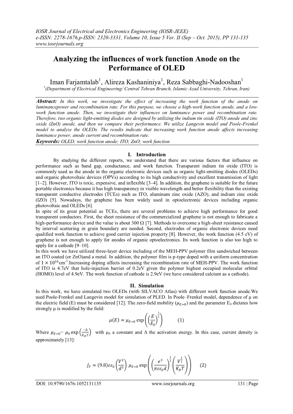 Analyzing the Influences of Work Function Anode on the Performance of OLED