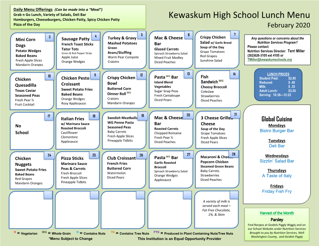 Kewaskum High School Lunch Menu Pizza of the Day February 2020