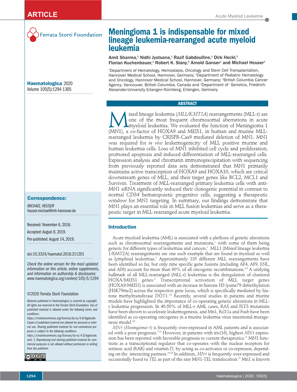 Meningioma 1 Is Indispensable for Mixed Lineage Leukemia-Rearranged