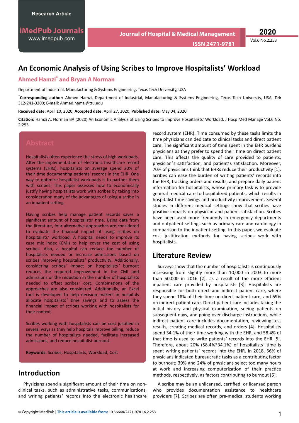 An Economic Analysis of Using Scribes to Improve Hospitalists' Workload