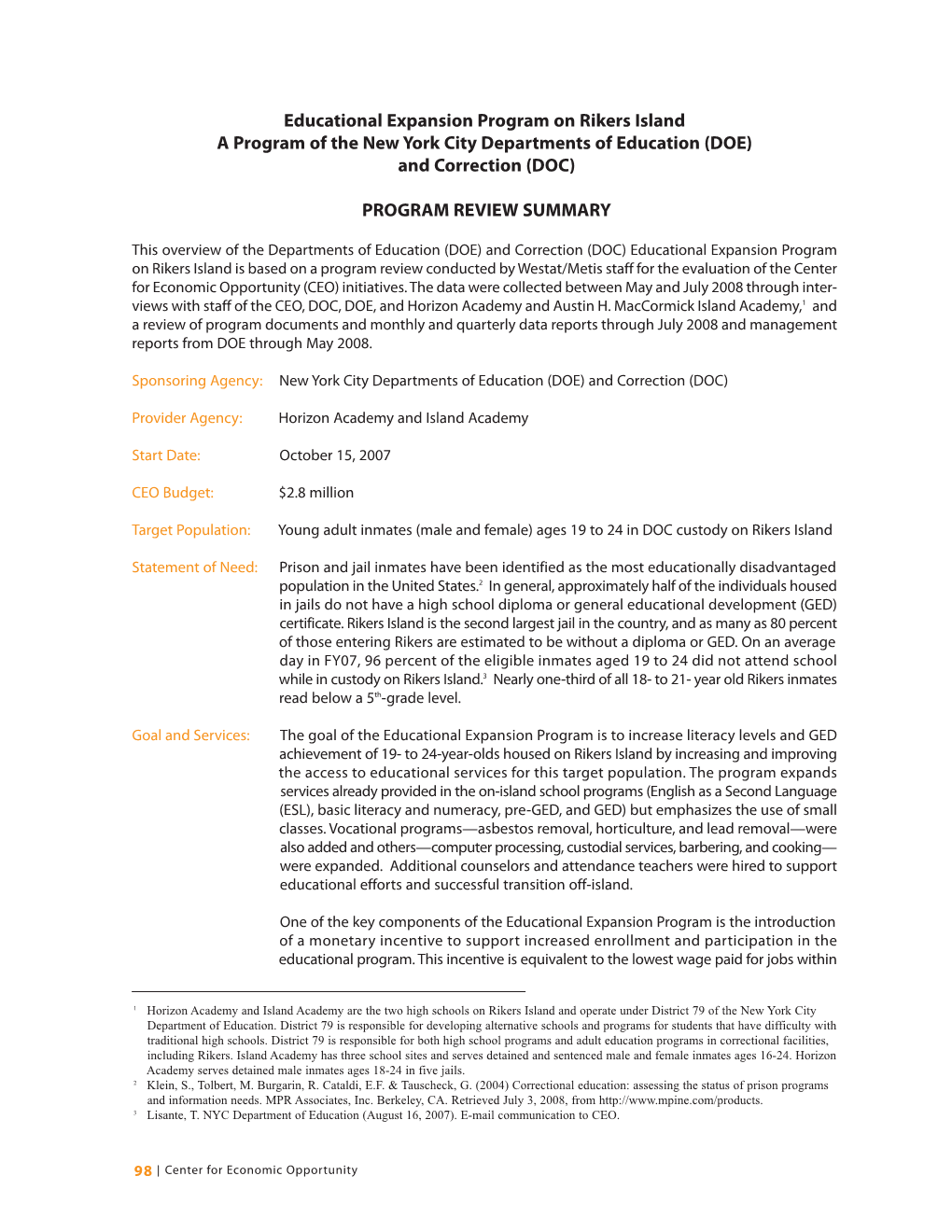 Educational Expansion Program on Rikers Island a Program of the New York City Departments of Education (DOE) and Correction (DOC)