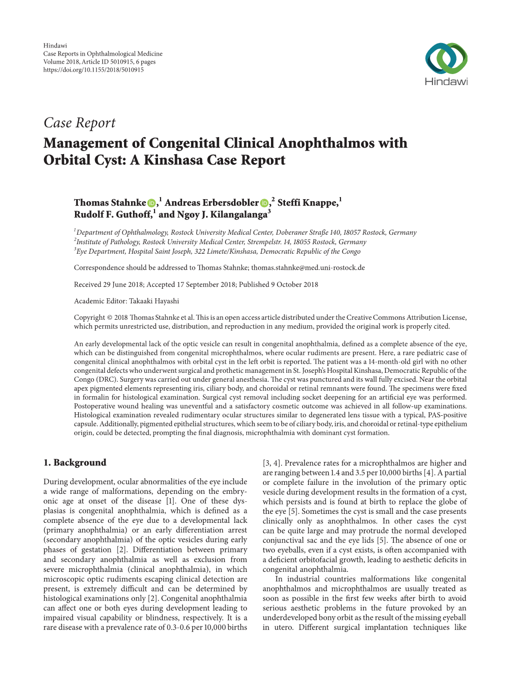 Case Report Management of Congenital Clinical Anophthalmos with Orbital Cyst: a Kinshasa Case Report