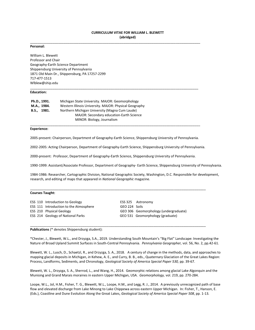 Curriculum Vitae for William L