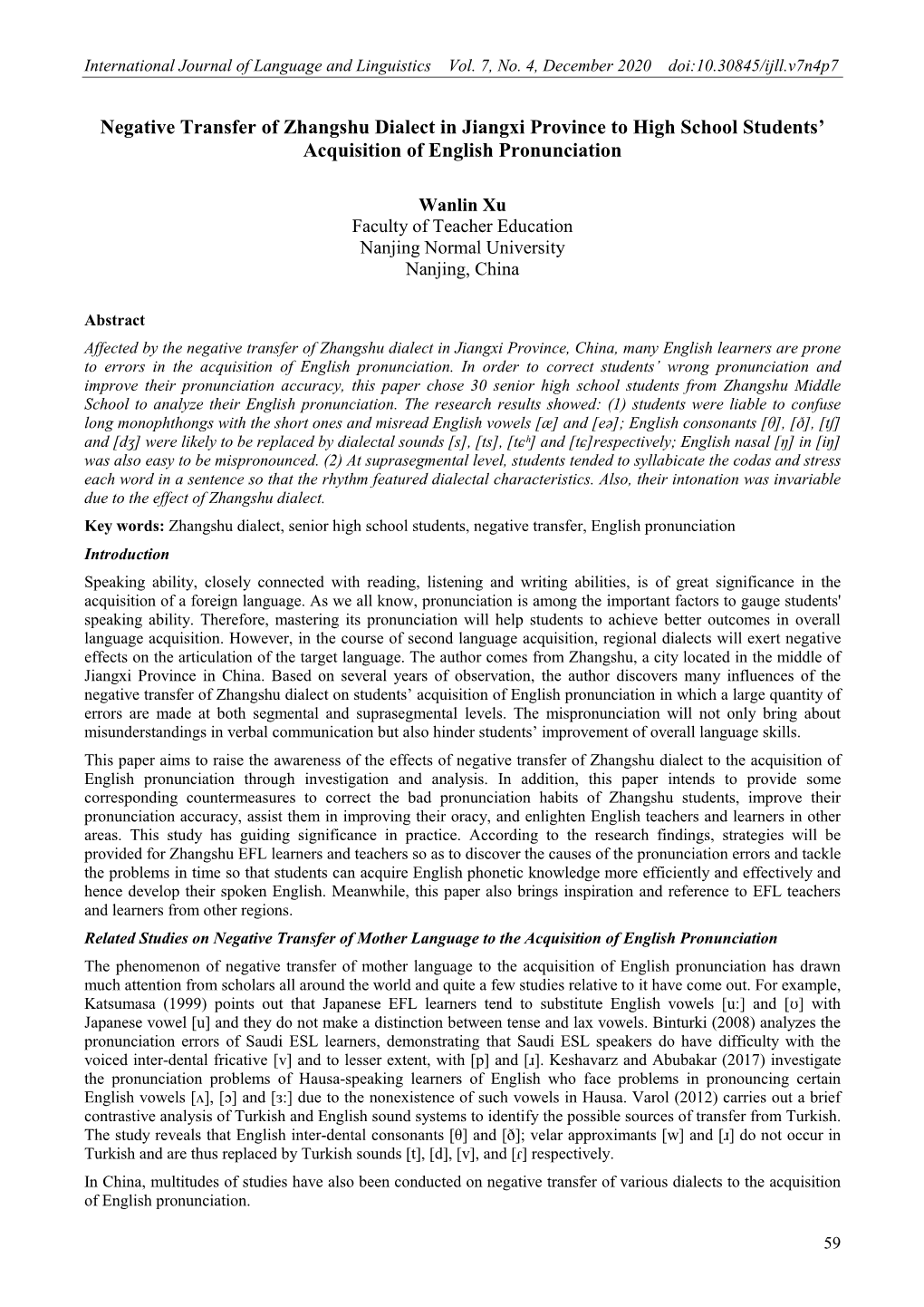 Negative Transfer of Zhangshu Dialect in Jiangxi Province to High School Students’ Acquisition of English Pronunciation