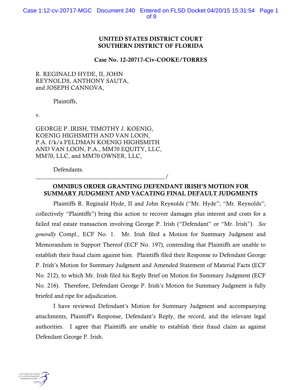 Case 1:12-Cv-20717-MGC Document 240 Entered on FLSD Docket 04/20/15 15:31:54 Page 1 of 8