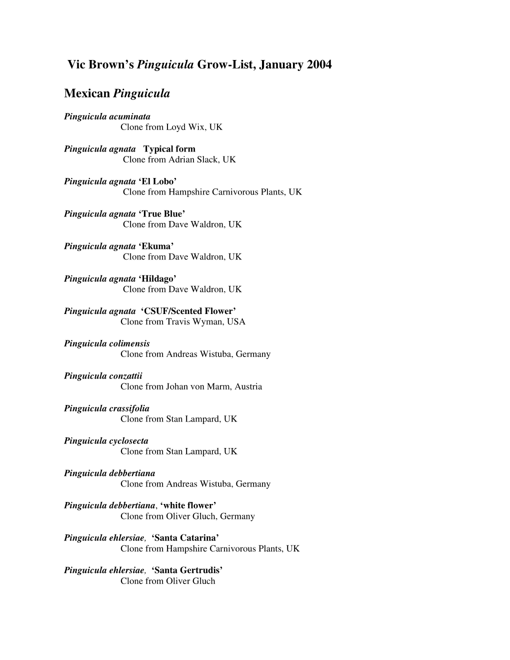 Vic Brown's Pinguicula Grow-List, January 2004 Mexican Pinguicula