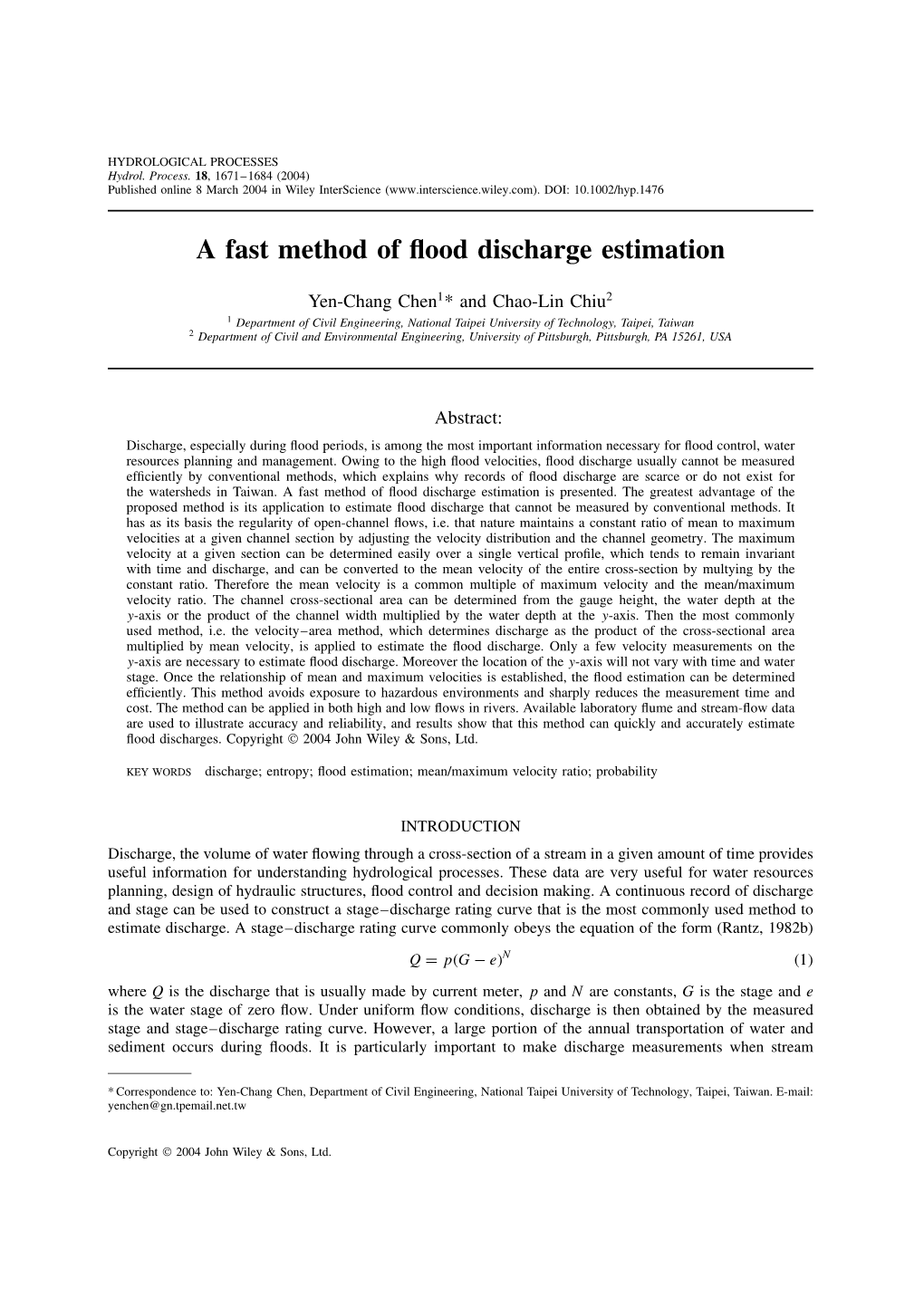 A Fast Method of Flood Discharge Estimation