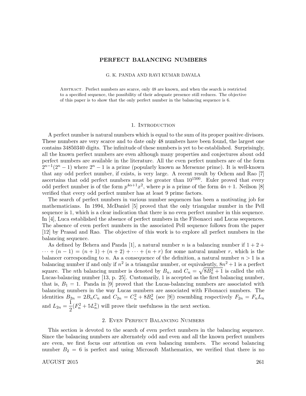 PERFECT BALANCING NUMBERS 1. Introduction a Perfect Number Is Natural Numbers Which Is Equal to the Sum of Its Proper Positive D