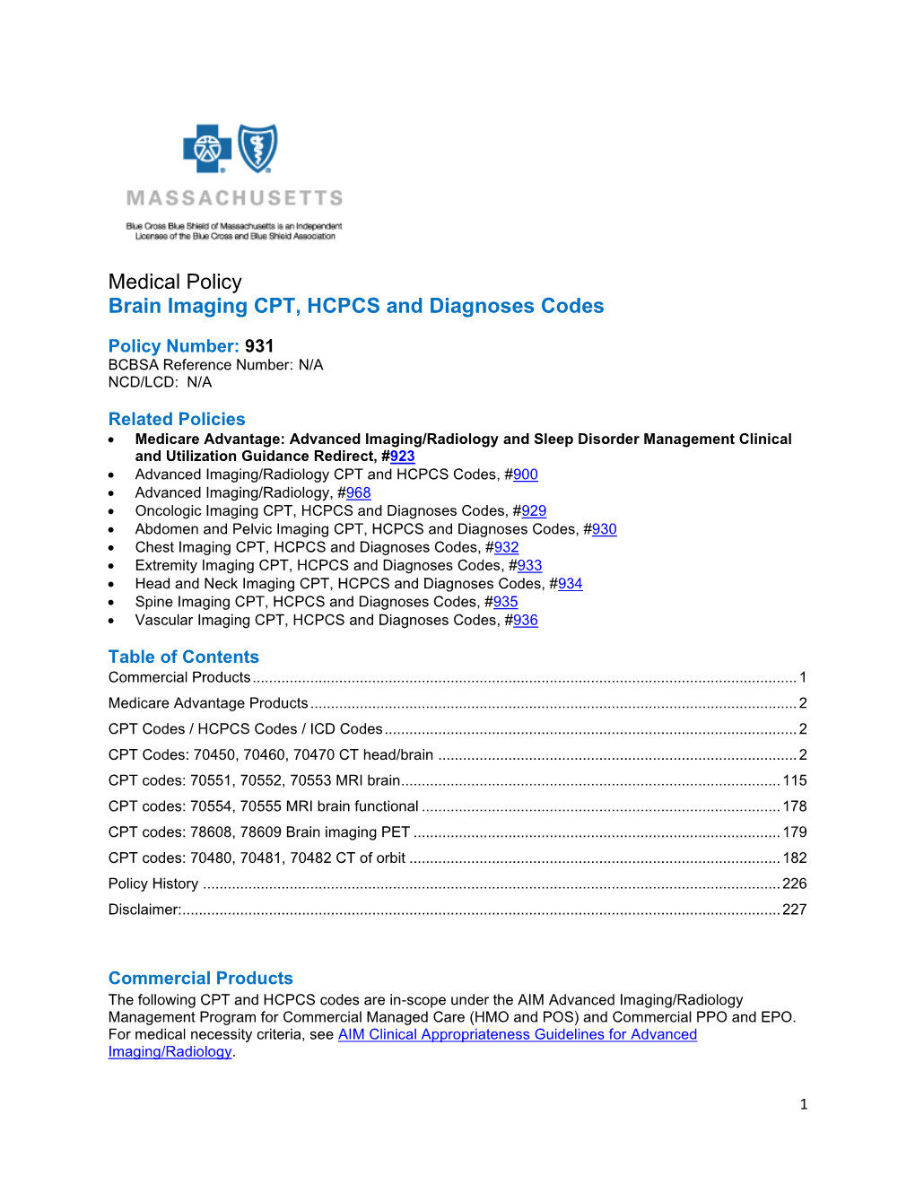 931 Brain Imaging CPT, HCPCS and Diagnoses Codes