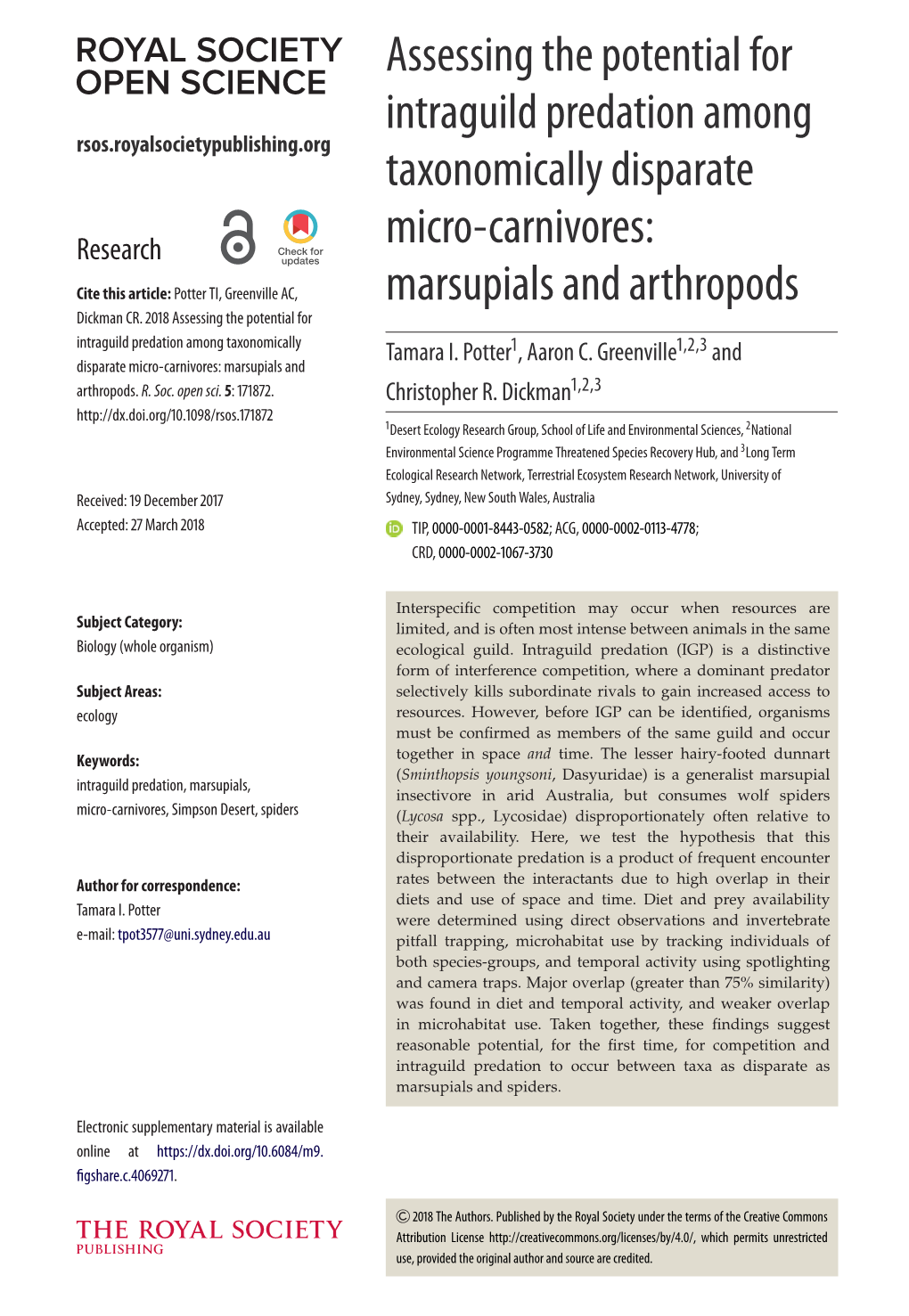 Assessing the Potential for Intraguild Predation Among Rsos.Royalsocietypublishing.Org Taxonomically Disparate