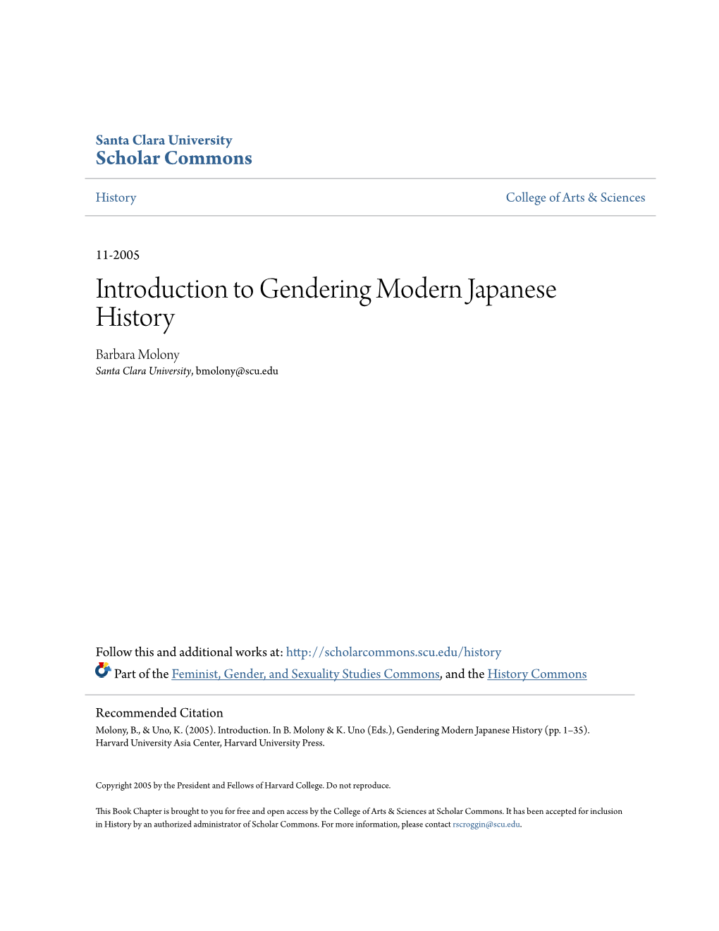 Introduction to Gendering Modern Japanese History Barbara Molony Santa Clara University, Bmolony@Scu.Edu